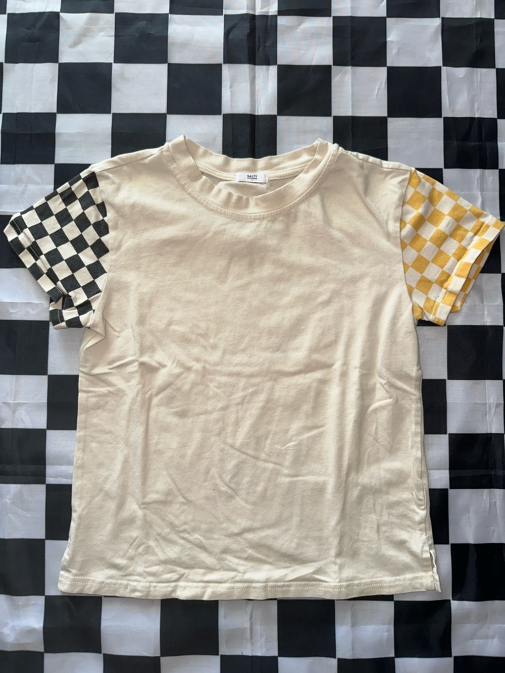 Salty Little Bums Boys Kids Cream Tee with Checkerboard Sleeves 7T